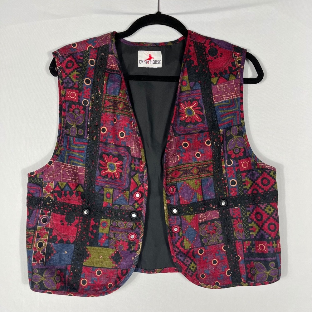 Vtg 90s Y2K Crazy‎ Horse Floral Tapestry Vest M/L Lace Embroidered Boho Festival